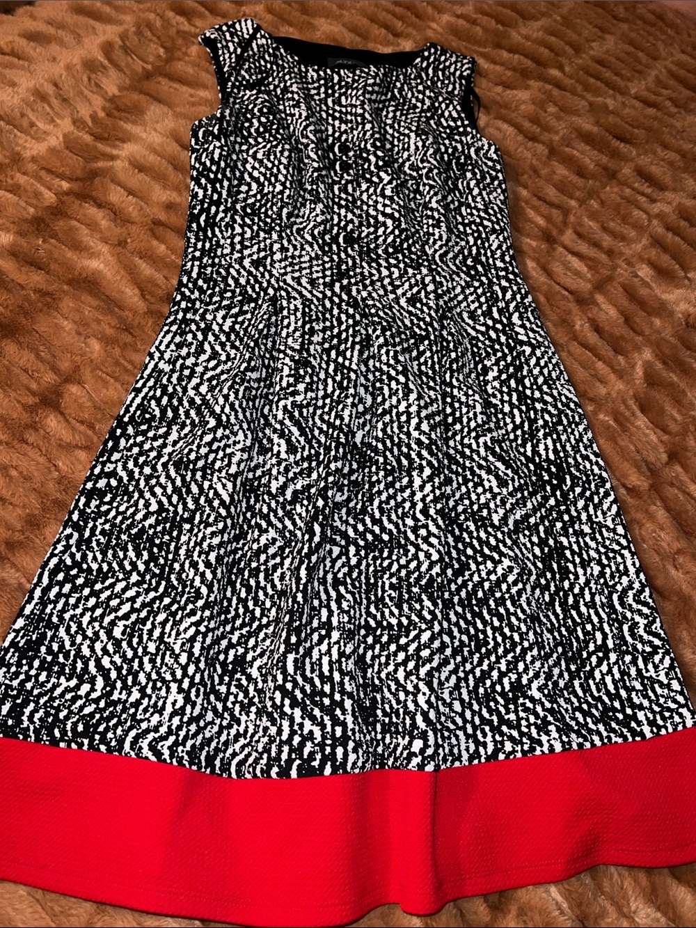 Black & White Printed Midi Dress with Red Hem